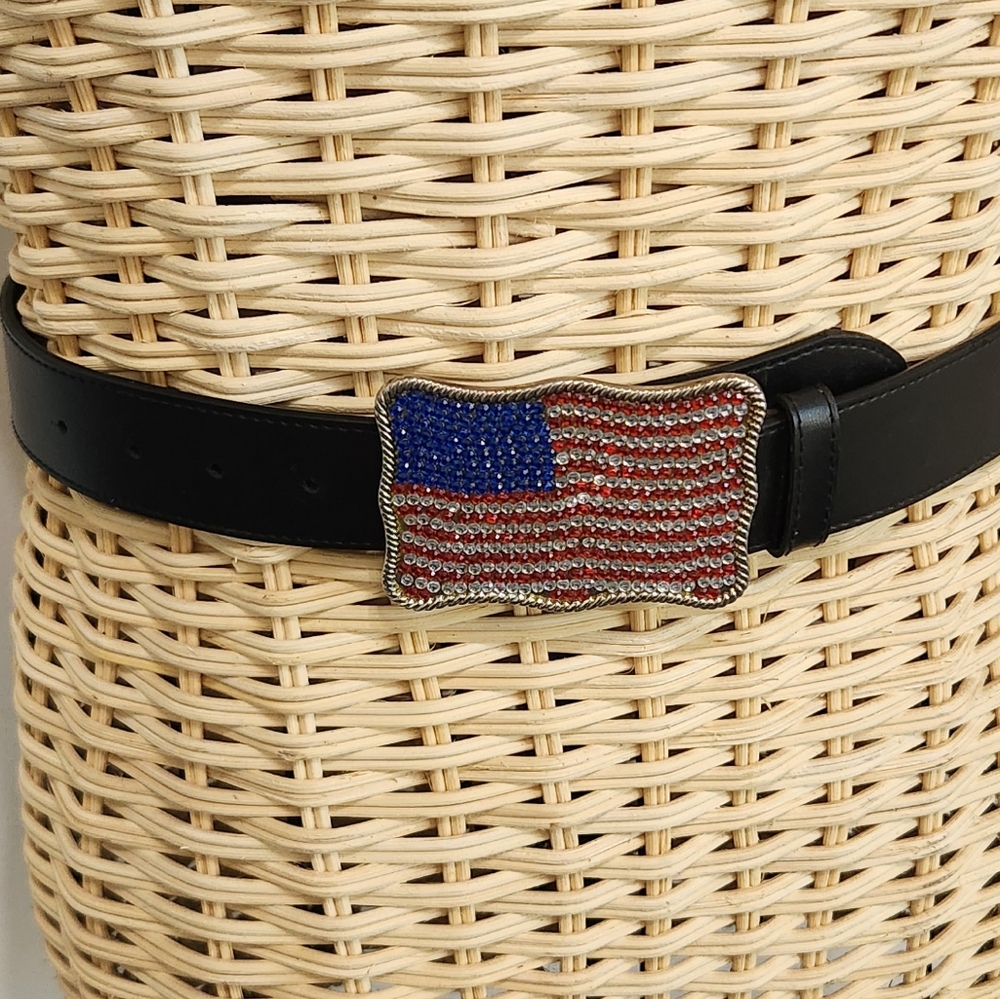 Black bonded leather belt with bedazzled Stars and Stripes buckle.